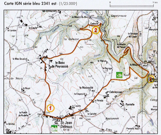Carte du chemin de randonnée de moulins en moulins à Saint Jean Delnous